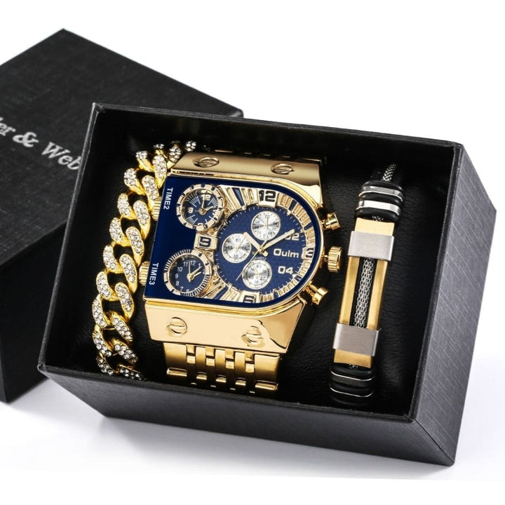 Kit-Presente-Relógio-Masculino-dourado-com-azul-mais- duas- pulseiras- Golden-Luxury