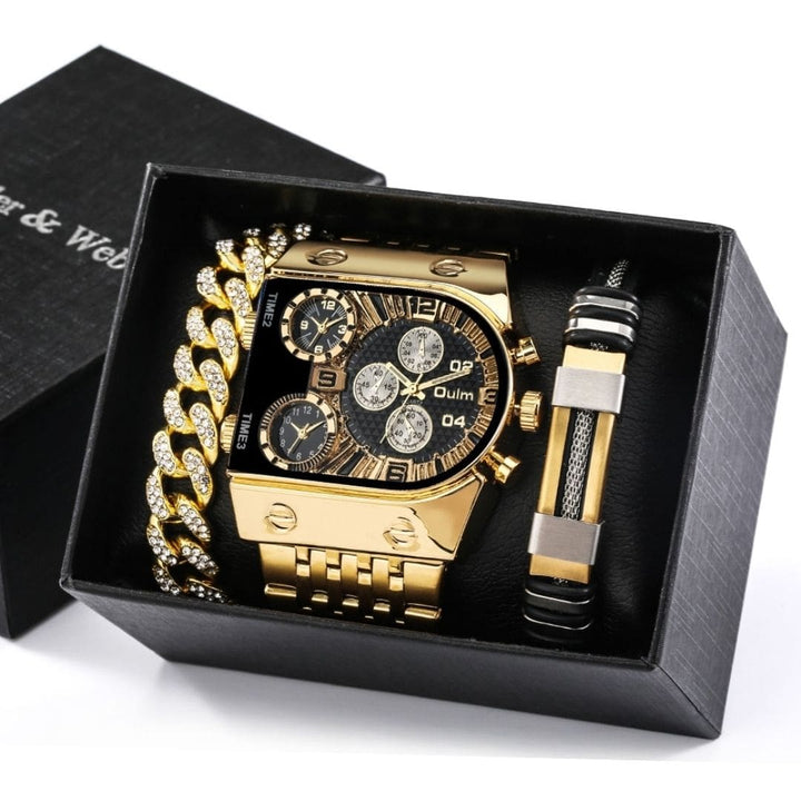 Kit-Presente-Relógio-Masculino-dourado-com-preto-mais-duas-pulseiras- Golden-Luxury