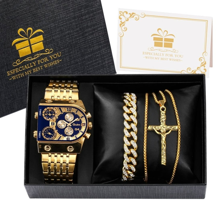 Kit-Presente-Relógio-Masculino- dourado-com-azul-mais-um-colar-e-uma-pulseira- Golden- Luxury