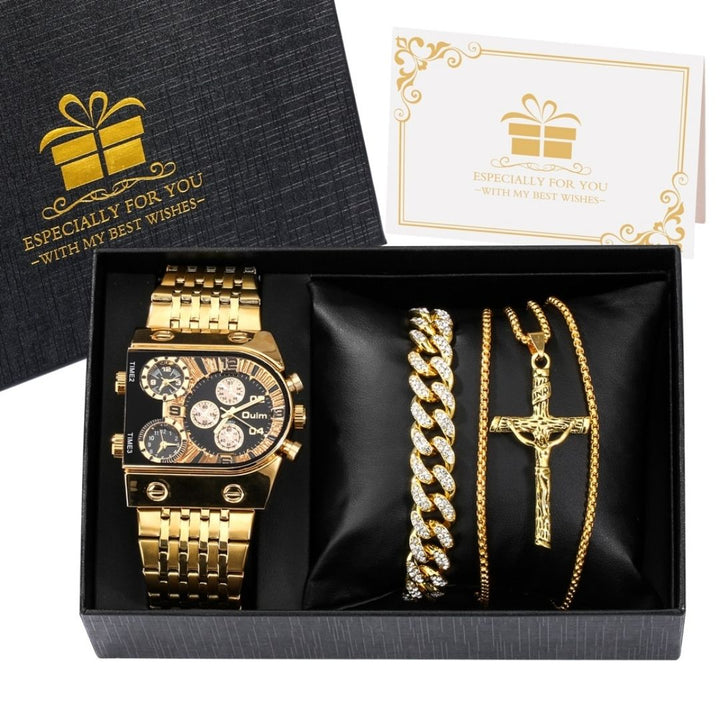 Kit-Presente-Relógio-Masculino-Golden- dourado- com-preto-mais-1-colar- e-uma-pulseira-Luxury