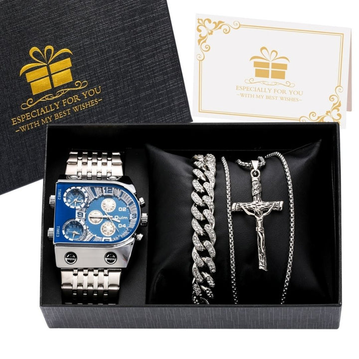 Kit-Presente-Relógio-Masculino- prata-com-azul-mais-uma-pulseira-prata-e-um-colar-prata- Golden-Luxury