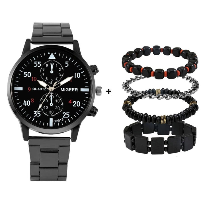 Kit-Relógio- e-Pulseiras-Masculino-Relógio-preto-pulseira-do-relógio-em-metal-preto