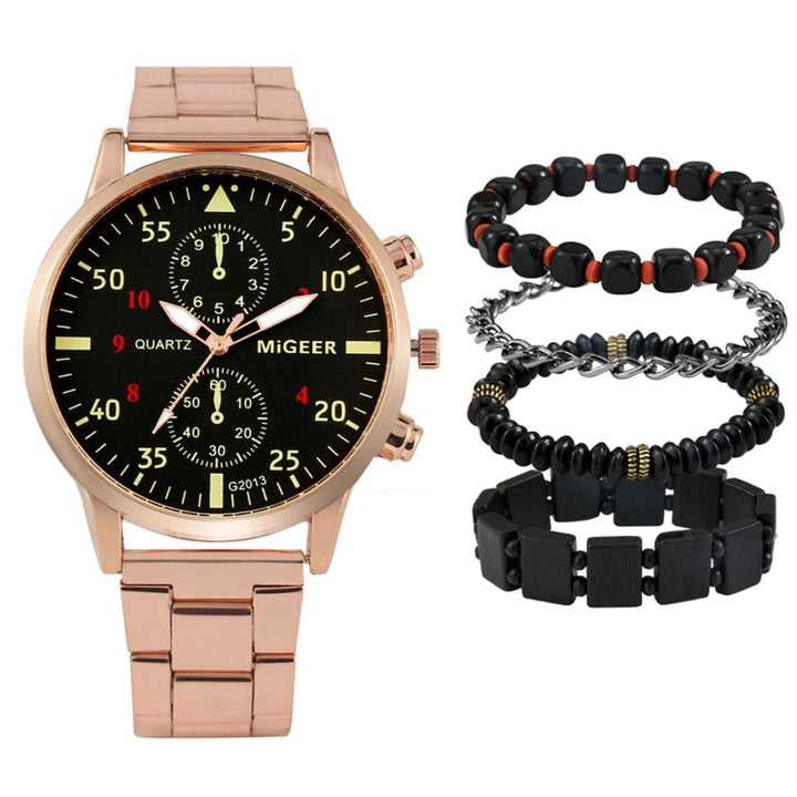 Relógio-Masculino-preto-e-pulseira-em-aço-dourado-mais-kit-de-pulseiras
