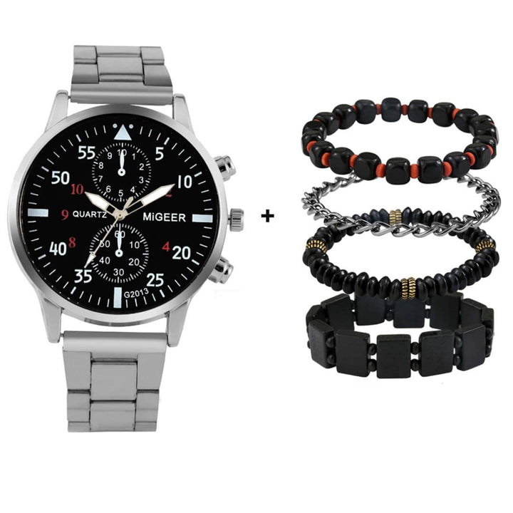 Relógio-Masculino-Aço-inoxidável-prata-mais-pulseiras