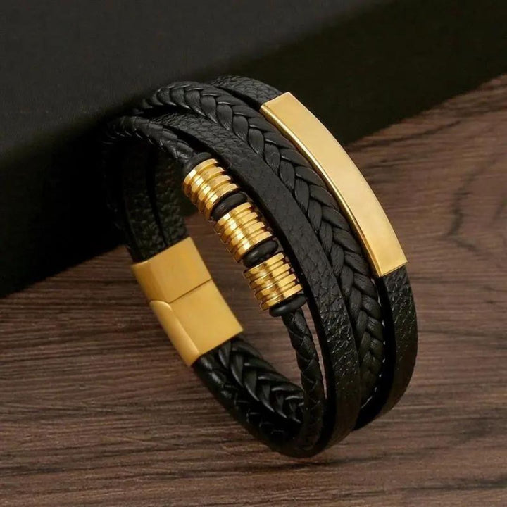 pulseira de couro masculina dourada