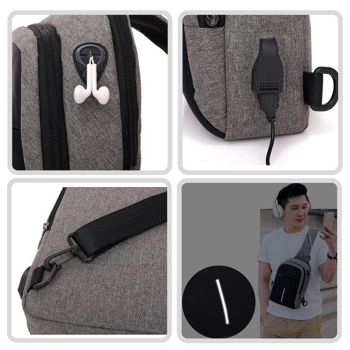 Shoulder Bag Masculina Modelo Cruze com abertura para fone de ouvido, entrada USB para carregar a bateria do seu celular de onde estiver,  faixa refetiva e alça com fivela segura.